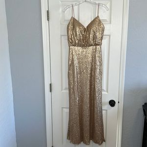Bari Jay Gold Sequin Spaghetti Strap Evening Gown